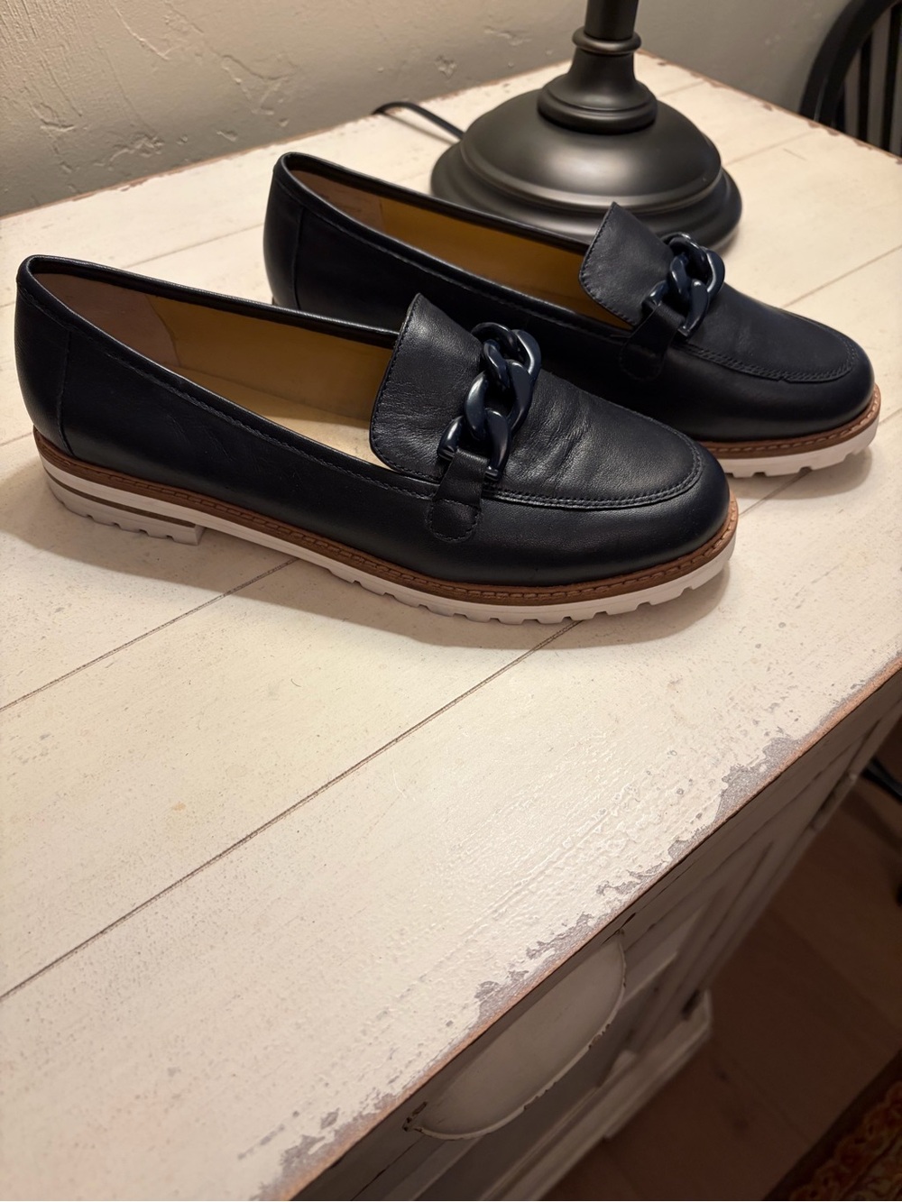Talbots Navy Chain-Trim Leather Loafers - Picture 2 of 3